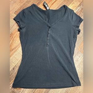 Skims Black Short-Sleeve Henley V-Neck Top